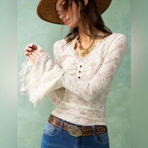 Elegant ivory stretch V neck bell sleeve Lace White Henley top